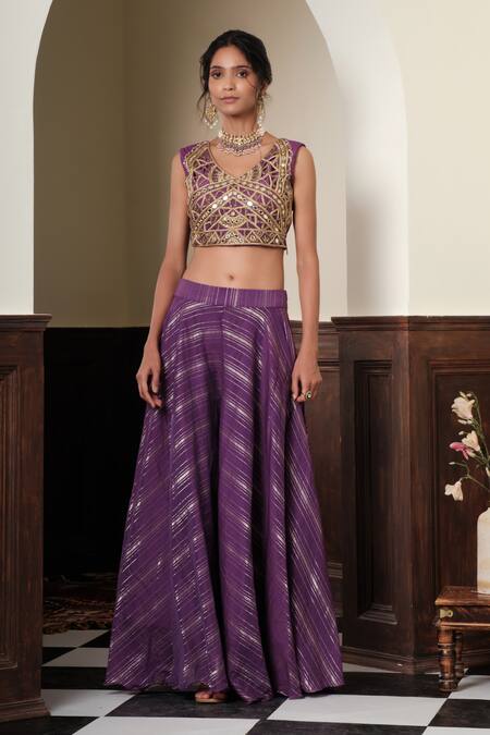 Muditaa By Urmila_Purple Chanderi, Net Embroidery, Sequins Round Neck Devika Jacket Sharara Set _Online_at_Aza_Fashions