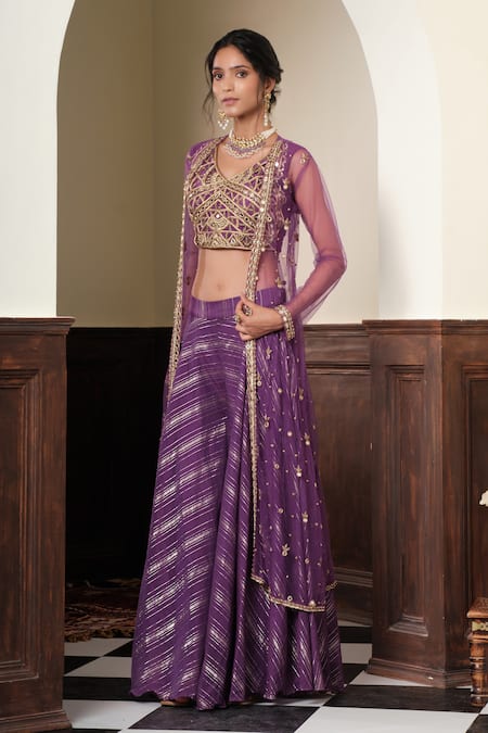 Buy_Muditaa By Urmila_Purple Chanderi, Net Embroidery, Sequins Round Neck Devika Jacket Sharara Set _Online_at_Aza_Fashions