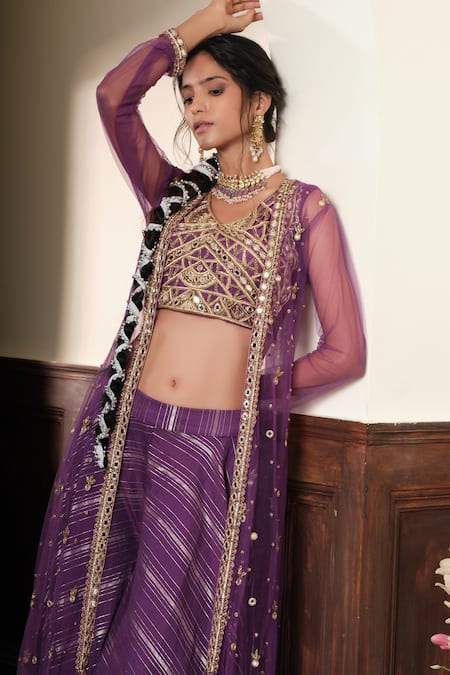 Shop_Muditaa By Urmila_Purple Chanderi, Net Embroidery, Sequins Round Neck Devika Jacket Sharara Set _Online_at_Aza_Fashions