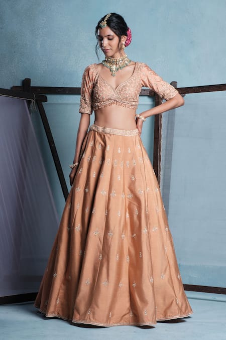 Muditaa By Urmila_Peach Dupion, Net Embroidery, Tassels, Crystals, Sequins V-neck Ira Lehenga Set _Online_at_Aza_Fashions