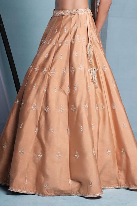Buy_Muditaa By Urmila_Peach Dupion, Net Embroidery, Tassels, Crystals, Sequins V-neck Ira Lehenga Set _Online_at_Aza_Fashions