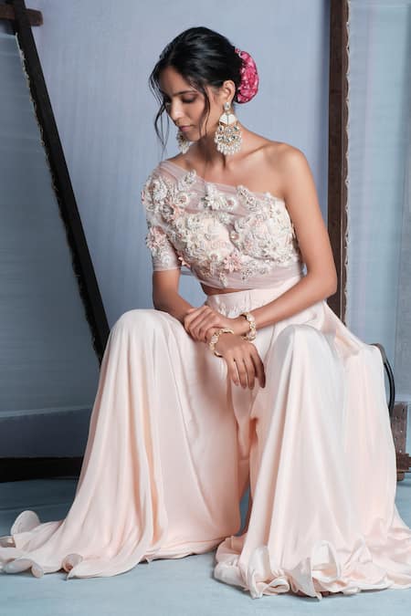 Buy_Muditaa By Urmila_Pink Net, Crepe Embroidery, Fabric Flowers One Shoulder Kaya Yoke Jumpsuit _Online_at_Aza_Fashions