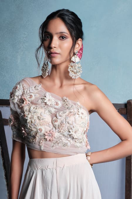 Shop_Muditaa By Urmila_Pink Net, Crepe Embroidery, Fabric Flowers One Shoulder Kaya Yoke Jumpsuit _Online_at_Aza_Fashions