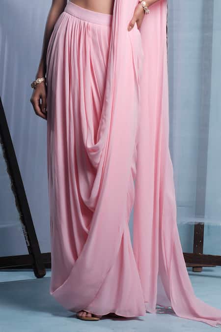 Muditaa By Urmila_Blush Georgette Embroidery Sweetheart Neck Nalini Pre-draped Saree With Blouse _Online_at_Aza_Fashions