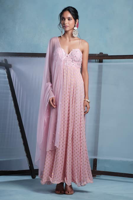 Muditaa By Urmila Pink Georgette, Net Embroidery, Sequins, Beads Samali Anarkali With Dupatta 
