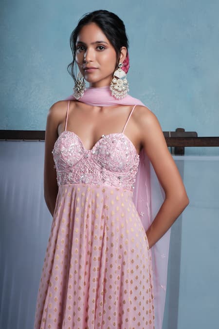 Buy_Muditaa By Urmila_Pink Georgette, Net Embroidery, Sequins, Beads Samali Anarkali With Dupatta _Online_at_Aza_Fashions