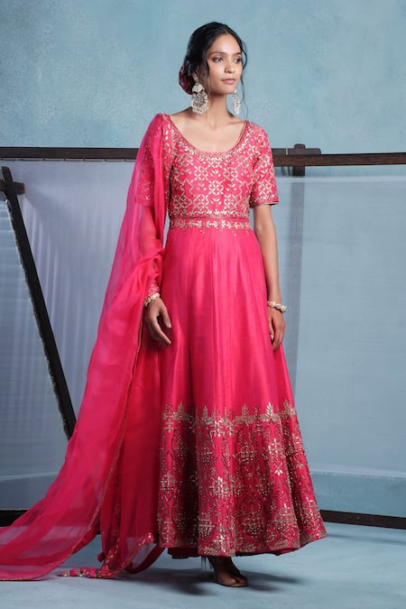 Shop_Muditaa By Urmila_Fuchsia Silk, Organza Embroidery Round Neck Mayra Anarkali With Dupatta _Online_at_Aza_Fashions