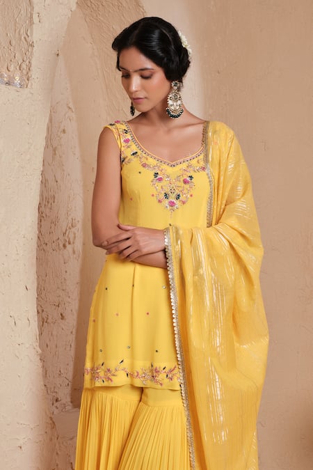 Muditaa By Urmila_Mustard Georgette, Chanderi Embroidery Round Neck Dharvi Kurta And Gharara Set _Online_at_Aza_Fashions