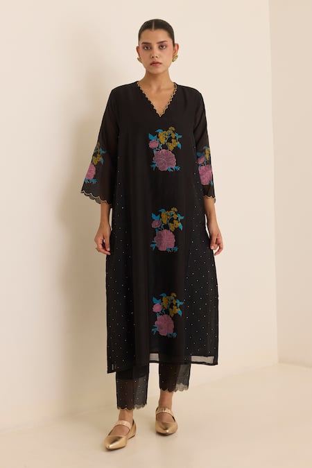 Juanita By Shubhda_Black Chanderi Mirrors V-neck Midnight Mukaish Work Kurta Pant Set _at_Aza_Fashions