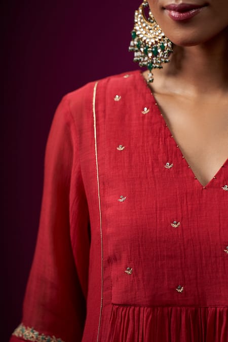 Shop Trendy Tokari Red Silk, Chanderi Embroidery V-neck Kurta Set Online at Aza Fashions Shop_Trendy Tokari_Red Silk, Chanderi Embroidery V-neck Kurta Set _Online_at_Aza_Fashions