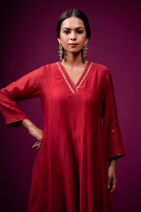 Shop Trendy Tokari Red Silk, Chanderi Embroidery Split V-neck Kurta Set Online at Aza Fashions Shop_Trendy Tokari_Red Silk, Chanderi Embroidery Split V-neck Kurta Set _Online_at_Aza_Fashions