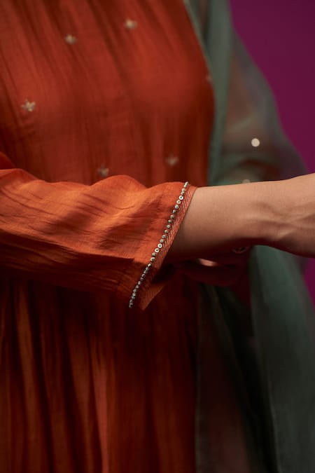 Buy Trendy Tokari Orange Silk, Chanderi Embroidery, Sequins Round Neck Achkan Kurta Set Online at Aza Fashions Buy_Trendy Tokari_Orange Silk, Chanderi Embroidery, Sequins Round Neck Achkan Kurta Set _Online_at_Aza_Fashions