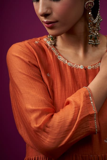 Shop Trendy Tokari Orange Silk, Chanderi Embroidery, Sequins Round Neck Achkan Kurta Set Online at Aza Fashions Shop_Trendy Tokari_Orange Silk, Chanderi Embroidery, Sequins Round Neck Achkan Kurta Set _Online_at_Aza_Fashions