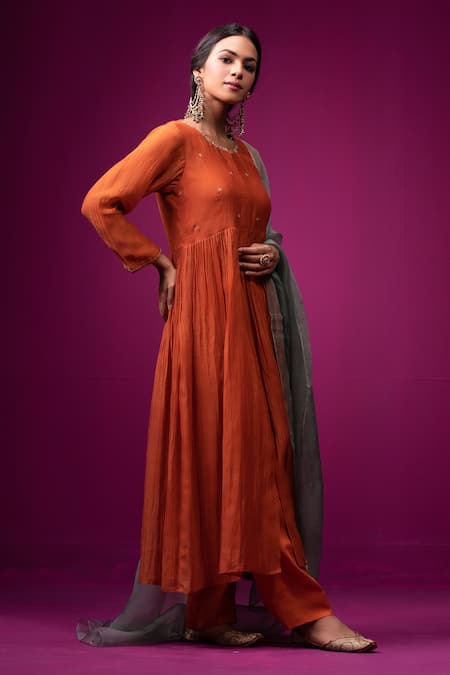 Trendy Tokari Orange Silk, Chanderi Embroidery, Sequins Round Neck Achkan Kurta Set at Aza Fashions Trendy Tokari_Orange Silk, Chanderi Embroidery, Sequins Round Neck Achkan Kurta Set _at_Aza_Fashions