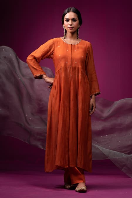 Buy Trendy Tokari Orange Silk, Chanderi Embroidery, Sequins Round Neck Achkan Kurta Set Buy_Trendy Tokari_Orange Silk, Chanderi Embroidery, Sequins Round Neck Achkan Kurta Set