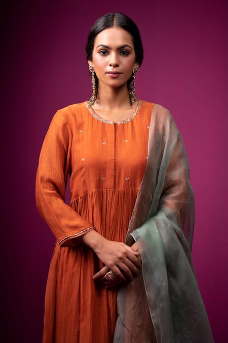 Shop Trendy Tokari Orange Silk, Chanderi Embroidery, Sequins Round Neck Achkan Kurta Set Shop_Trendy Tokari_Orange Silk, Chanderi Embroidery, Sequins Round Neck Achkan Kurta Set