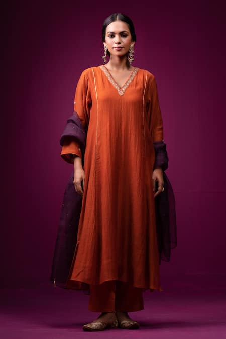 Shop_Trendy Tokari_Orange Silk, Chanderi Embroidery V-neck Kurta Set _Online_at_Aza_Fashions