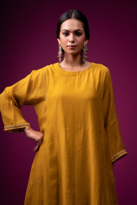 Shop_Trendy Tokari_Yellow Silk, Chanderi Embroidery Round Neck Kurta Set _Online_at_Aza_Fashions