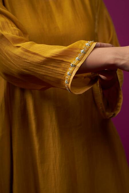 Shop_Trendy Tokari_Yellow Silk, Chanderi Embroidery Round Neck Kurta Set 