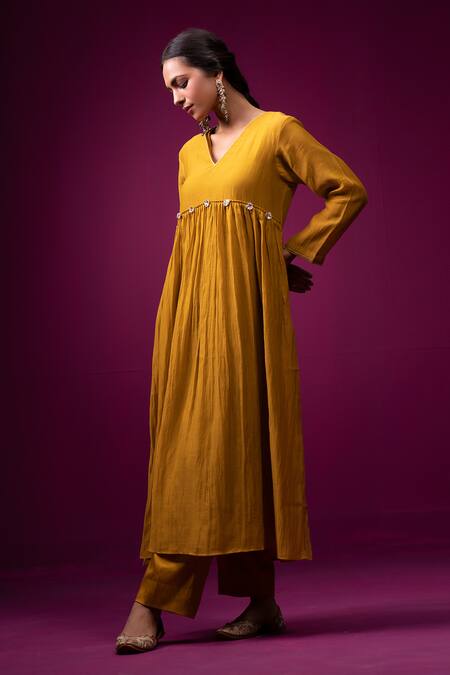 Trendy Tokari Yellow Silk, Chanderi Embroidery V-neck Anarkali Set Online at Aza Fashions Trendy Tokari_Yellow Silk, Chanderi Embroidery V-neck Anarkali Set _Online_at_Aza_Fashions