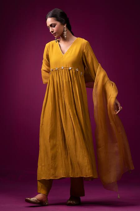 Buy Trendy Tokari Yellow Silk, Chanderi Embroidery V-neck Anarkali Set Online at Aza Fashions Buy_Trendy Tokari_Yellow Silk, Chanderi Embroidery V-neck Anarkali Set _Online_at_Aza_Fashions