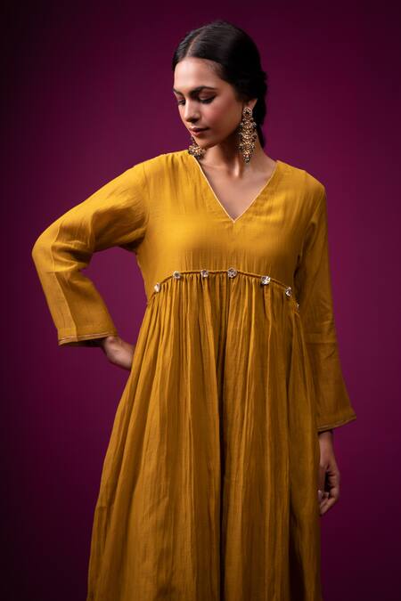 Shop Trendy Tokari Yellow Silk, Chanderi Embroidery V-neck Anarkali Set Online at Aza Fashions Shop_Trendy Tokari_Yellow Silk, Chanderi Embroidery V-neck Anarkali Set _Online_at_Aza_Fashions