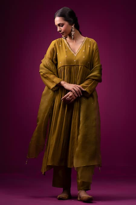 Buy Trendy Tokari Lime Silk, Chanderi Embroidery V-neck Placement Zari Work Kurta Set Online at Aza Fashions Buy_Trendy Tokari_Lime Silk, Chanderi Embroidery V-neck Placement Zari Work Kurta Set _Online_at_Aza_Fashions