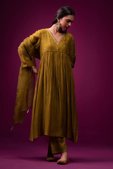 Shop Trendy Tokari Lime Silk, Chanderi Embroidery V-neck Placement Zari Work Kurta Set Online at Aza Fashions Shop_Trendy Tokari_Lime Silk, Chanderi Embroidery V-neck Placement Zari Work Kurta Set _Online_at_Aza_Fashions