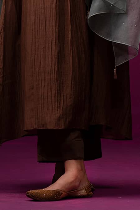 Trendy Tokari_Brown Silk, Chanderi Embroidery Round Neck Kurta Set _Online_at_Aza_Fashions