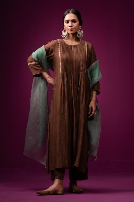 Shop_Trendy Tokari_Brown Silk, Chanderi Embroidery Round Neck Kurta Set _Online_at_Aza_Fashions