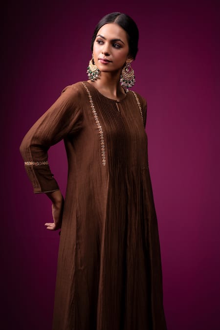 Trendy Tokari_Brown Silk, Chanderi Embroidery Round Neck Kurta Set _at_Aza_Fashions