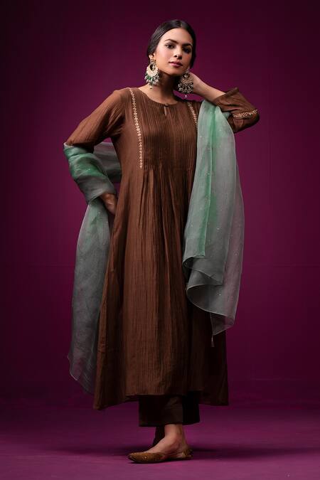 Buy_Trendy Tokari_Brown Silk, Chanderi Embroidery Round Neck Kurta Set 