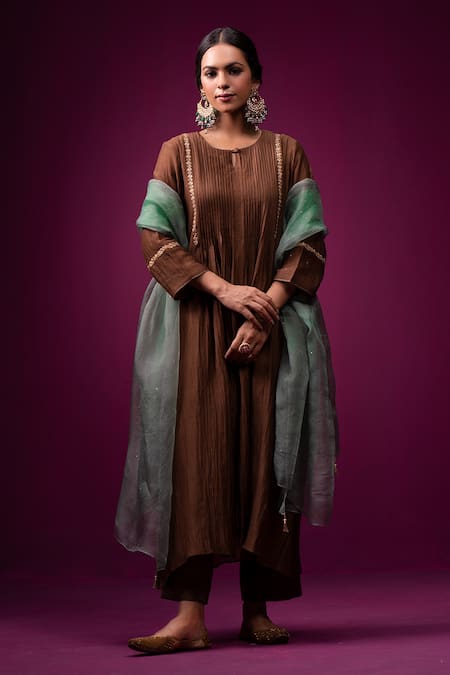 Trendy Tokari Brown Silk, Chanderi Embroidery Round Neck Kurta Set 