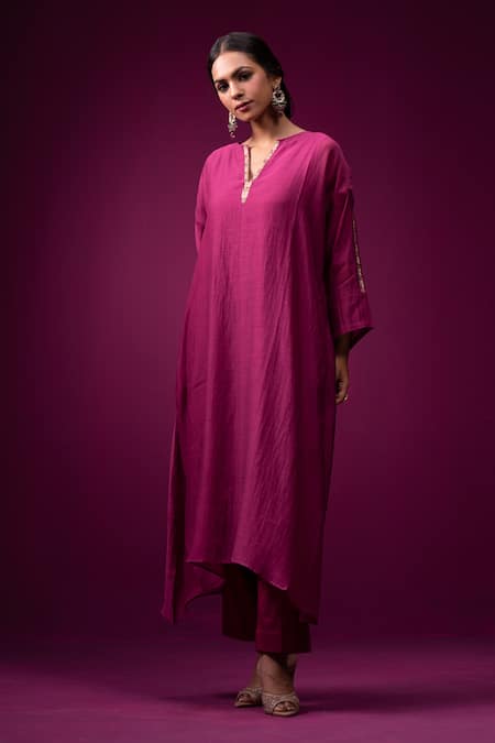 Shop Trendy Tokari Wine Silk, Chanderi Embroidery V-neck Kurta With Pant Online at Aza Fashions Shop_Trendy Tokari_Wine Silk, Chanderi Embroidery V-neck Kurta With Pant _Online_at_Aza_Fashions
