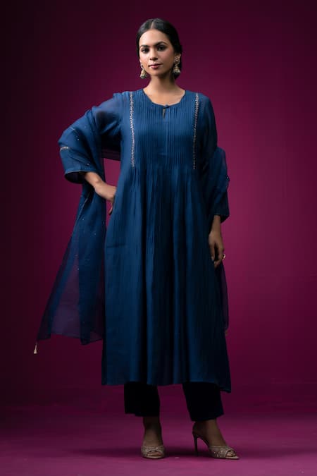 Trendy Tokari Navy Silk, Chanderi Embroidery Round , Keyhole Kurta Set 