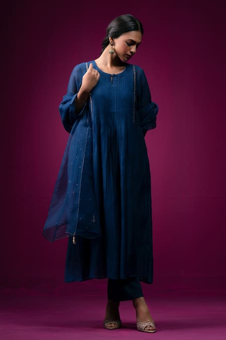 Shop_Trendy Tokari_Navy Silk, Chanderi Embroidery Round , Keyhole Kurta Set _Online_at_Aza_Fashions