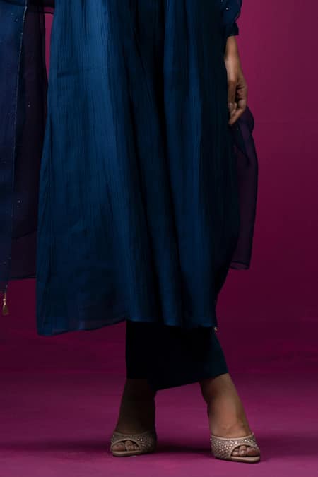 Trendy Tokari_Navy Silk, Chanderi Embroidery Round , Keyhole Kurta Set _at_Aza_Fashions