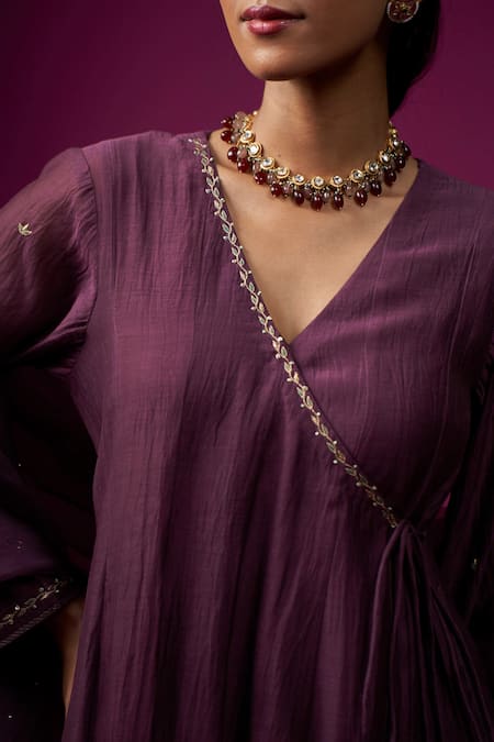 Shop_Trendy Tokari_Purple Silk, Chanderi Sequins, Embroidery V-neck Angrakha Kurta Set _Online_at_Aza_Fashions