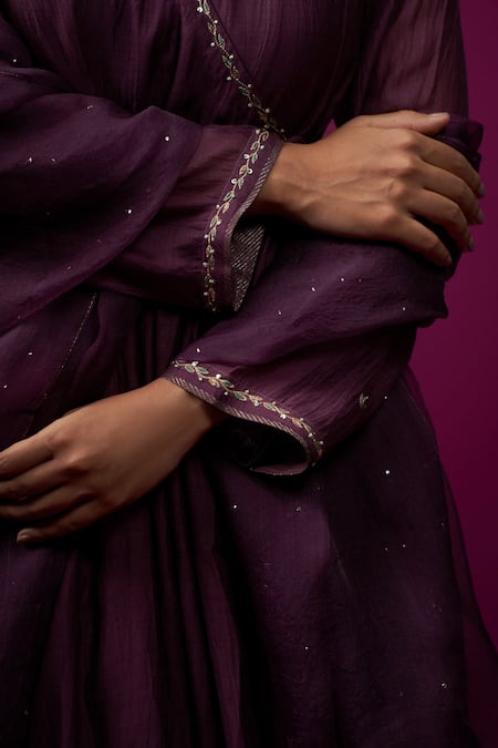 Trendy Tokari_Purple Silk, Chanderi Sequins, Embroidery V-neck Angrakha Kurta Set _at_Aza_Fashions
