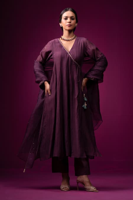 Trendy Tokari Purple Silk, Chanderi Sequins, Embroidery V-neck Angrakha Kurta Set 