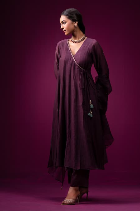 Buy_Trendy Tokari_Purple Silk, Chanderi Sequins, Embroidery V-neck Angrakha Kurta Set 