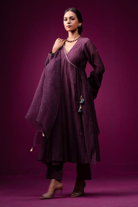 Shop_Trendy Tokari_Purple Silk, Chanderi Sequins, Embroidery V-neck Angrakha Kurta Set 