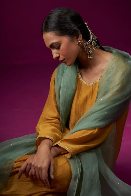 Buy_Trendy Tokari_Yellow Silk, Chanderi Embroidery Round Neck Anarkali Set _Online_at_Aza_Fashions