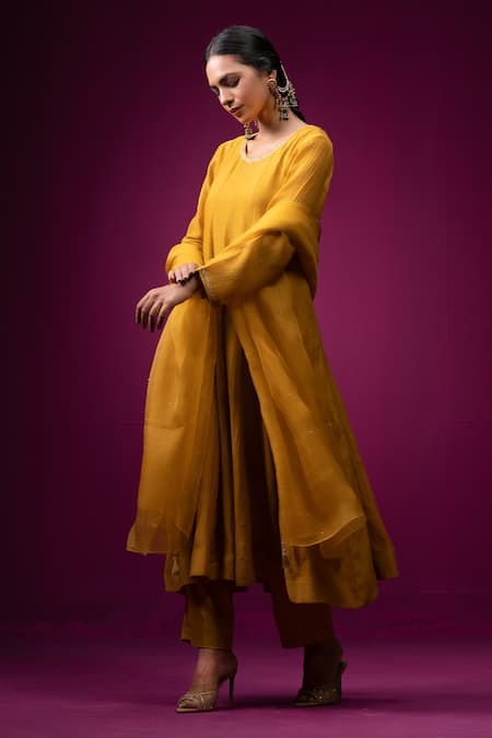 Shop_Trendy Tokari_Yellow Silk, Chanderi Embroidery Round Neck Anarkali Set _Online_at_Aza_Fashions