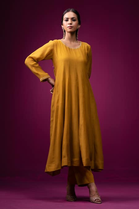 Trendy Tokari_Yellow Silk, Chanderi Embroidery Round Neck Anarkali Set _at_Aza_Fashions