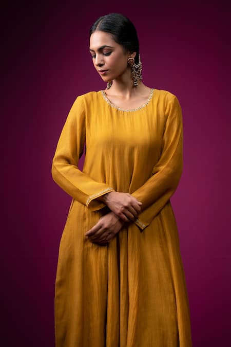 Buy_Trendy Tokari_Yellow Silk, Chanderi Embroidery Round Neck Anarkali Set 