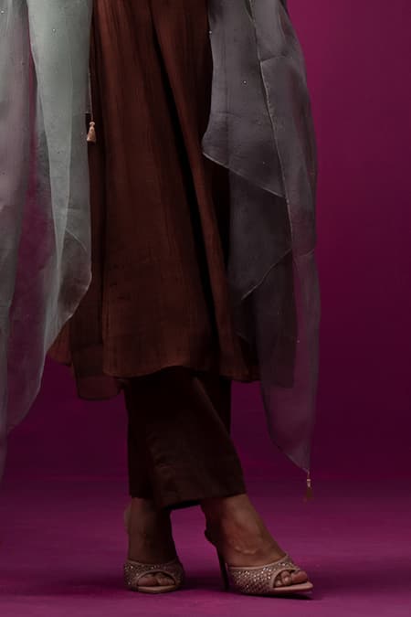 Trendy Tokari_Brown Silk, Chanderi Embroidery V-neck Kurta Set _Online_at_Aza_Fashions