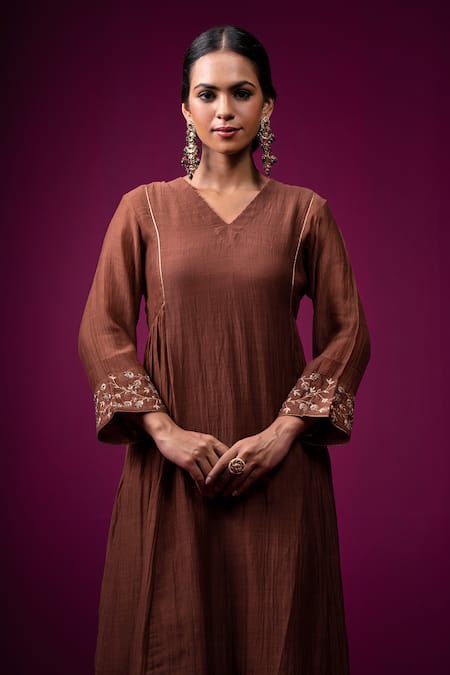 Shop_Trendy Tokari_Brown Silk, Chanderi Embroidery V-neck Kurta Set _Online_at_Aza_Fashions