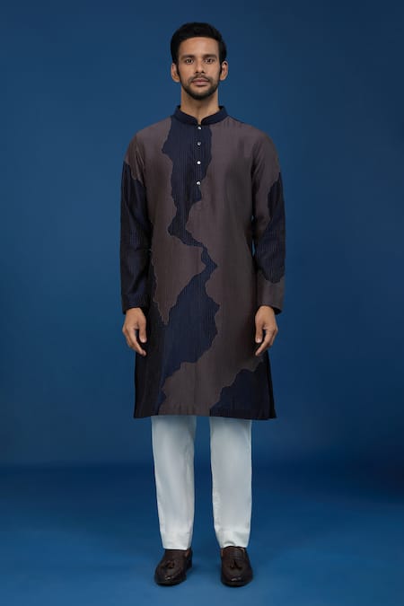 Shop_Countrymade_Navy Cotton Line Pattern Kurta And Pant Set _Online_at_Aza_Fashions