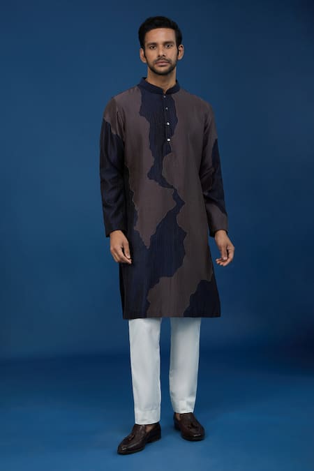 Countrymade_Navy Cotton Line Pattern Kurta And Pant Set _at_Aza_Fashions